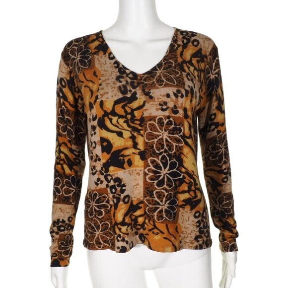 Joseph A Top Womens Large Sweater Silk Blend Brown Multi Colored V Neck Stretch - Picture 1 of 11